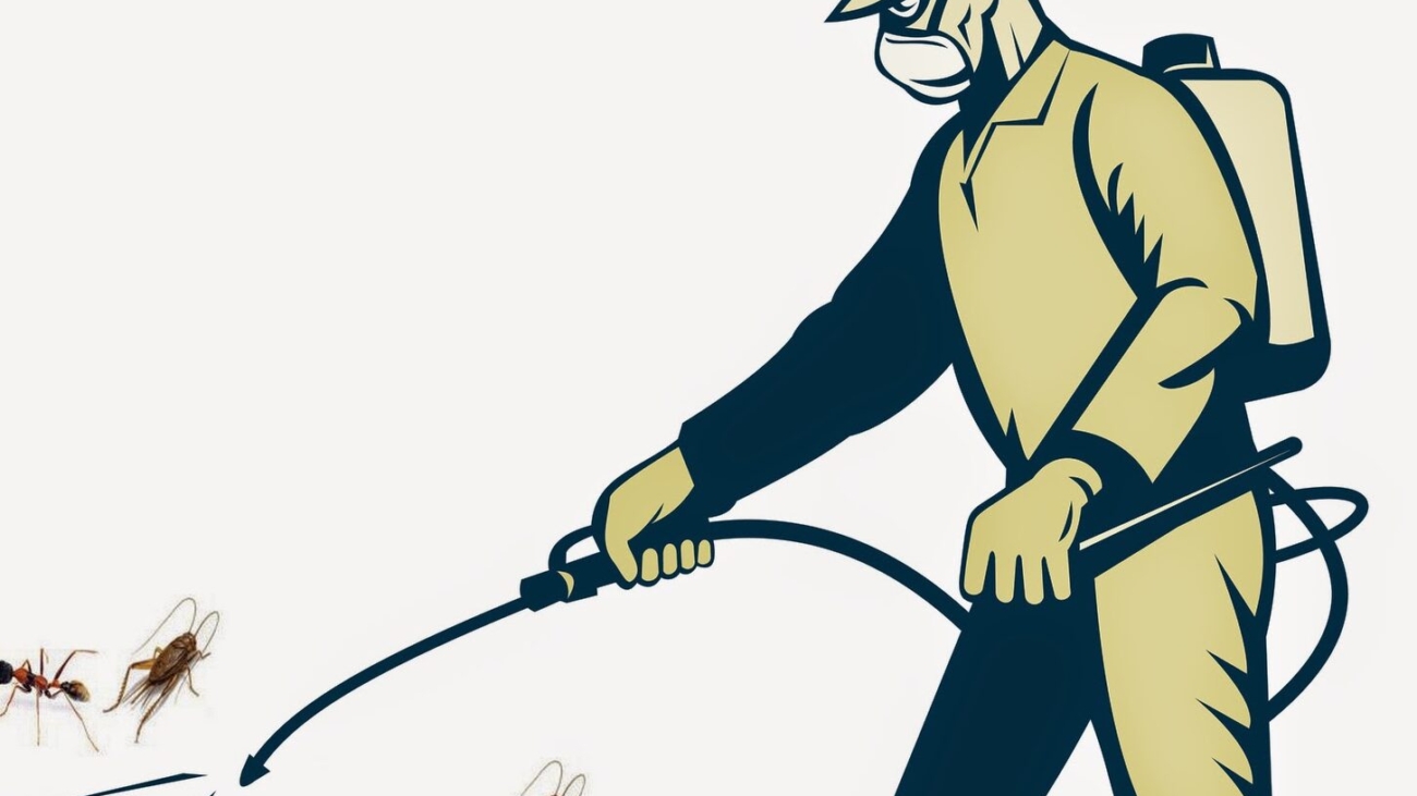 illustration of a Pest control exterminator worker spraying side view
